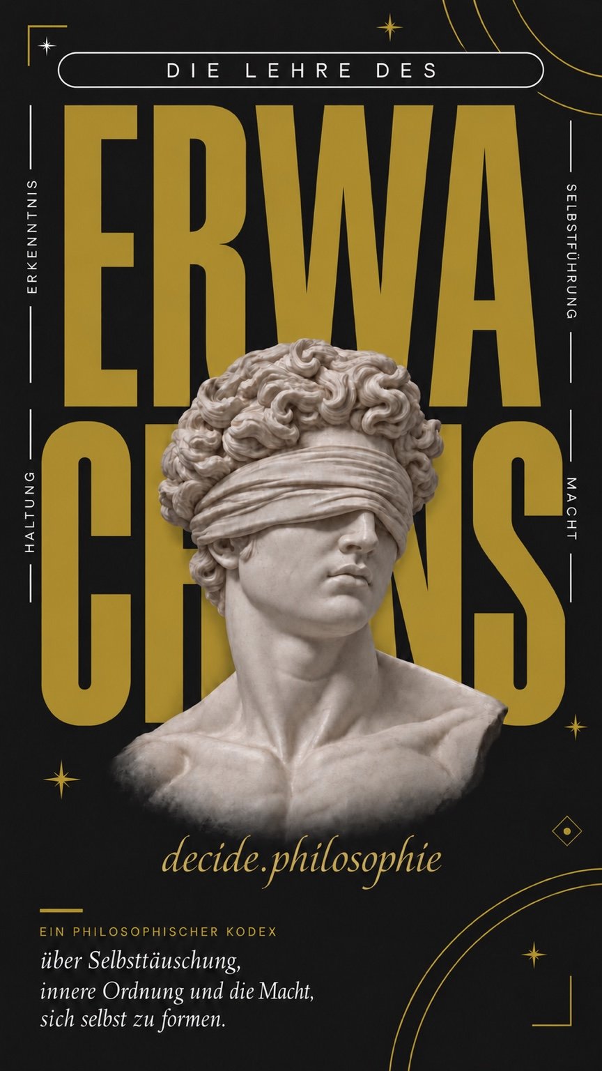 Buchcover Die Lehre des Erwachens von decide.philosophie: eine antike Büste mit verbundenen Augen vor goldener Schrift